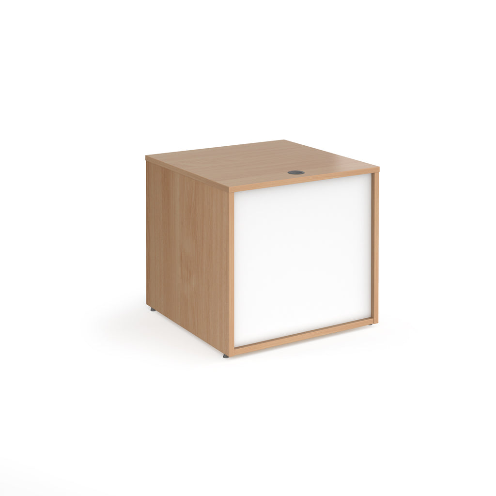 Office reception desk with a light wood-effect carcass, white front panel, and twin cable access ports, shown on a white background.