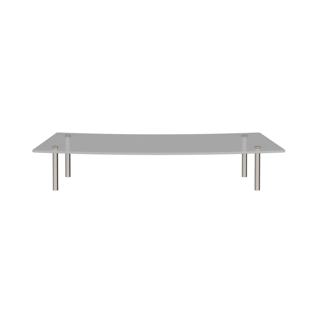 Reception unit glass shelf with a frosted finish and stainless steel support posts, shown on a white background.