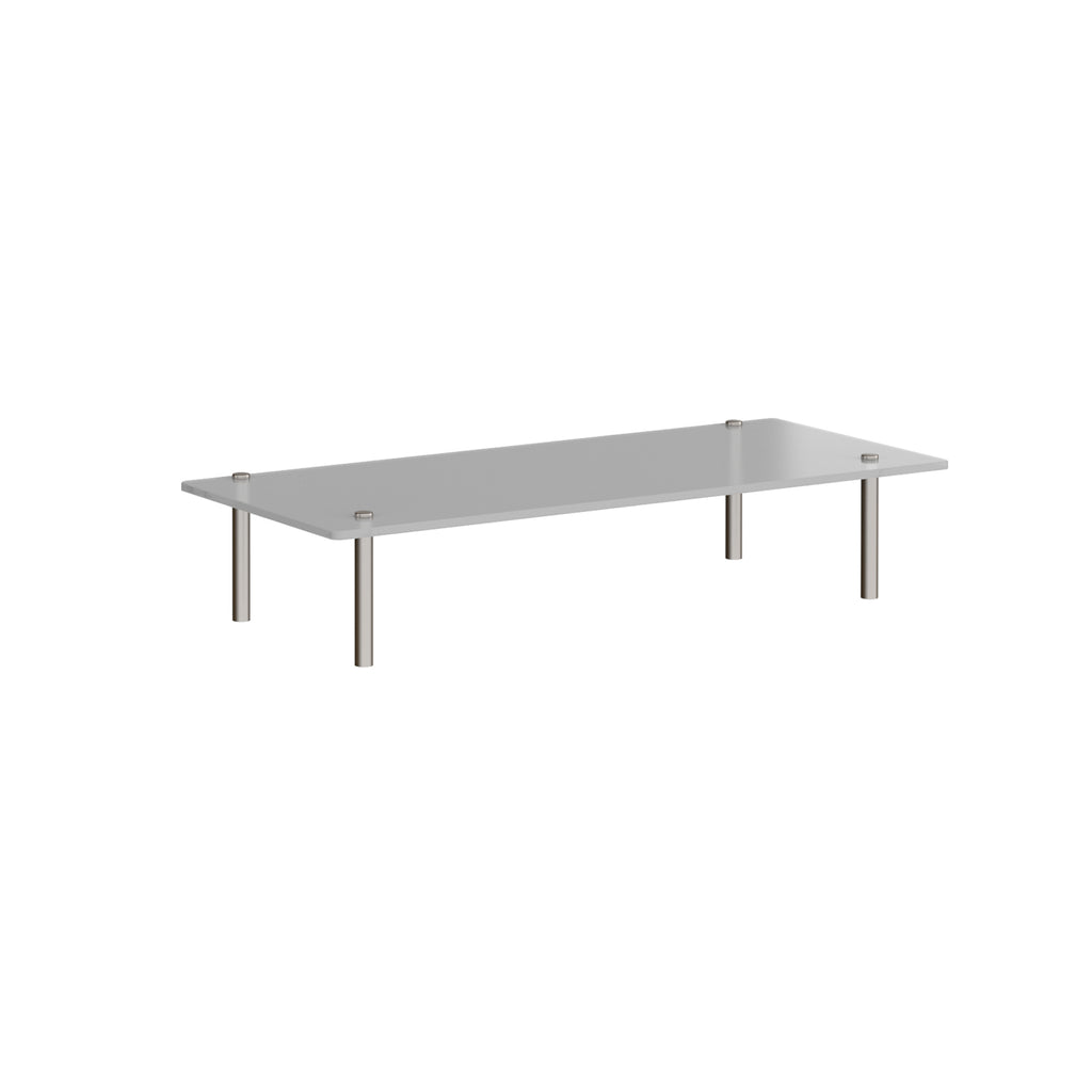 Reception unit glass shelf with a frosted finish and stainless steel support posts, shown on a white background.