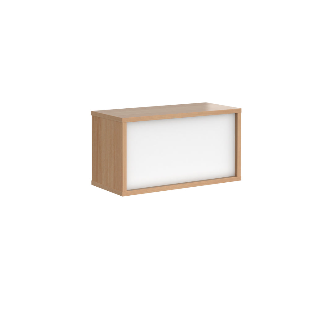 Office reception desk with a light wood-effect carcass and white front panel, with twin cable access ports, shown on a white background.