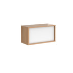 Office reception desk with a light wood-effect carcass and white front panel, with twin cable access ports, shown on a white background.