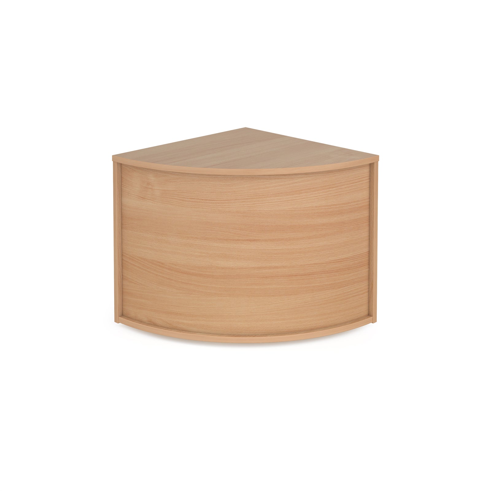 Curved reception desk unit with a light wood-effect finish and wraparound front panel, shown on a white background.