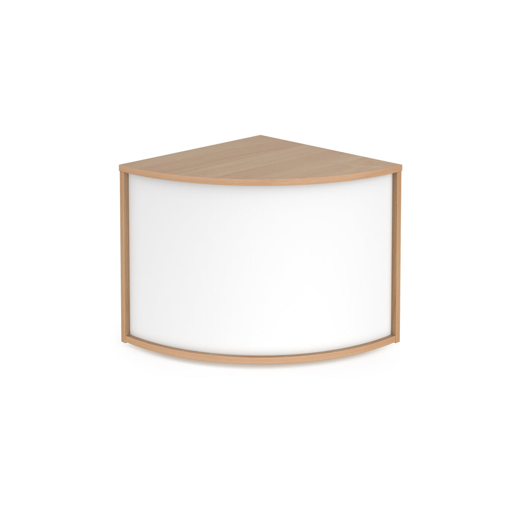 Curved reception desk unit with a light wood-effect finish and wraparound white front panel, shown on a white background.