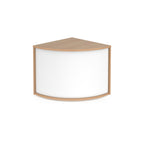 Curved reception desk unit with a light wood-effect finish and wraparound white front panel, shown on a white background.