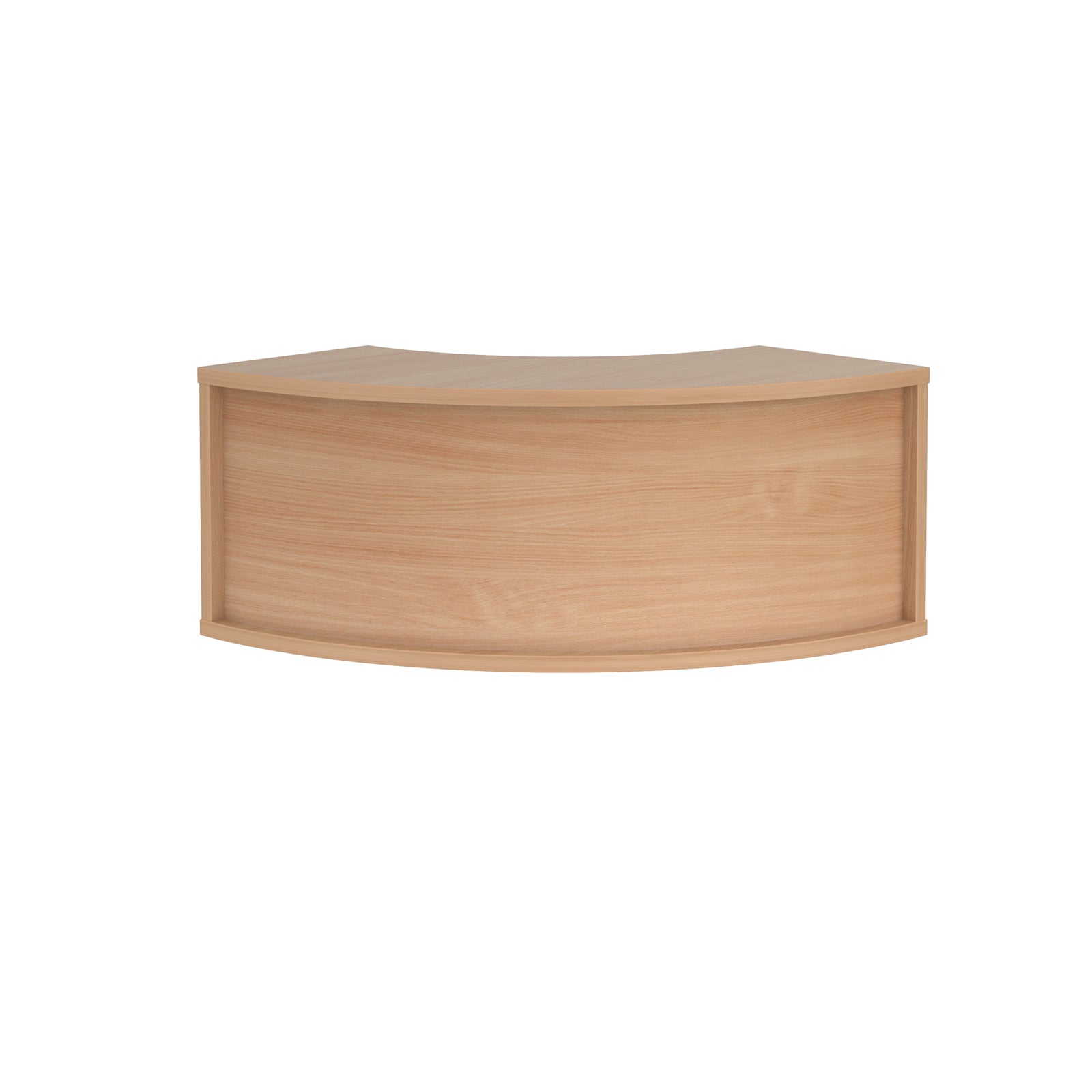 Curved reception desk with a light wood-effect frame, front panel, and gently contoured worktop, shown on a white background.