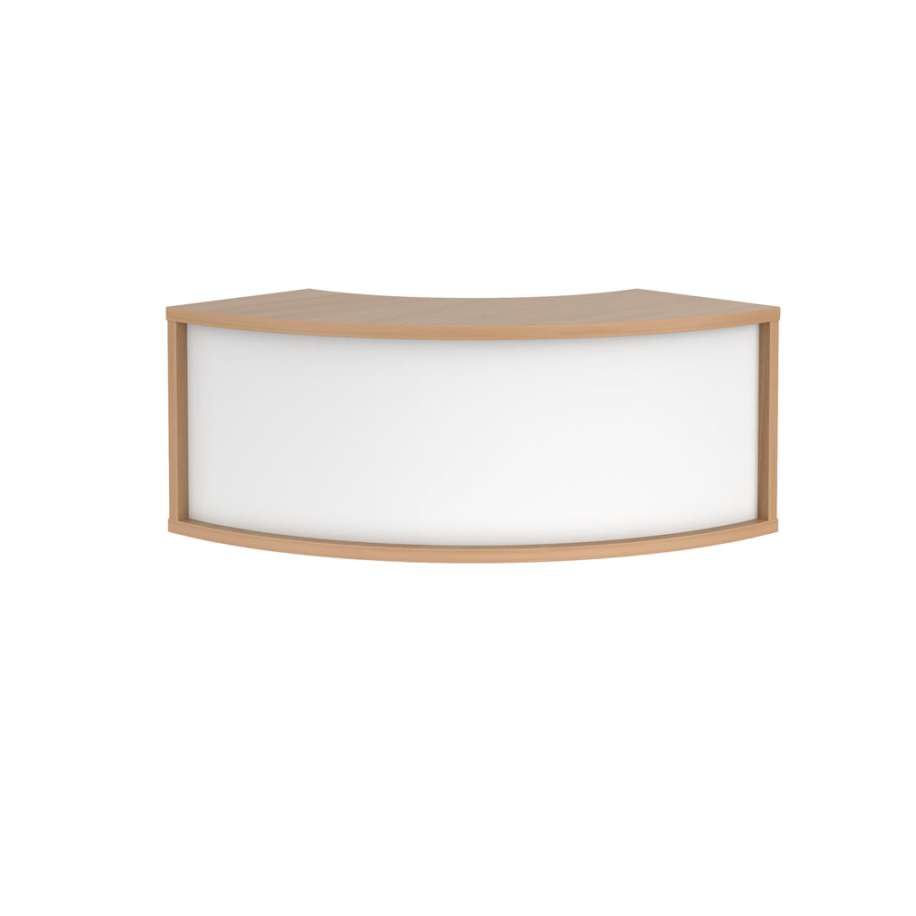 Curved reception desk with a light wood-effect frame, white front panel, and gently contoured worktop, shown on a white background.