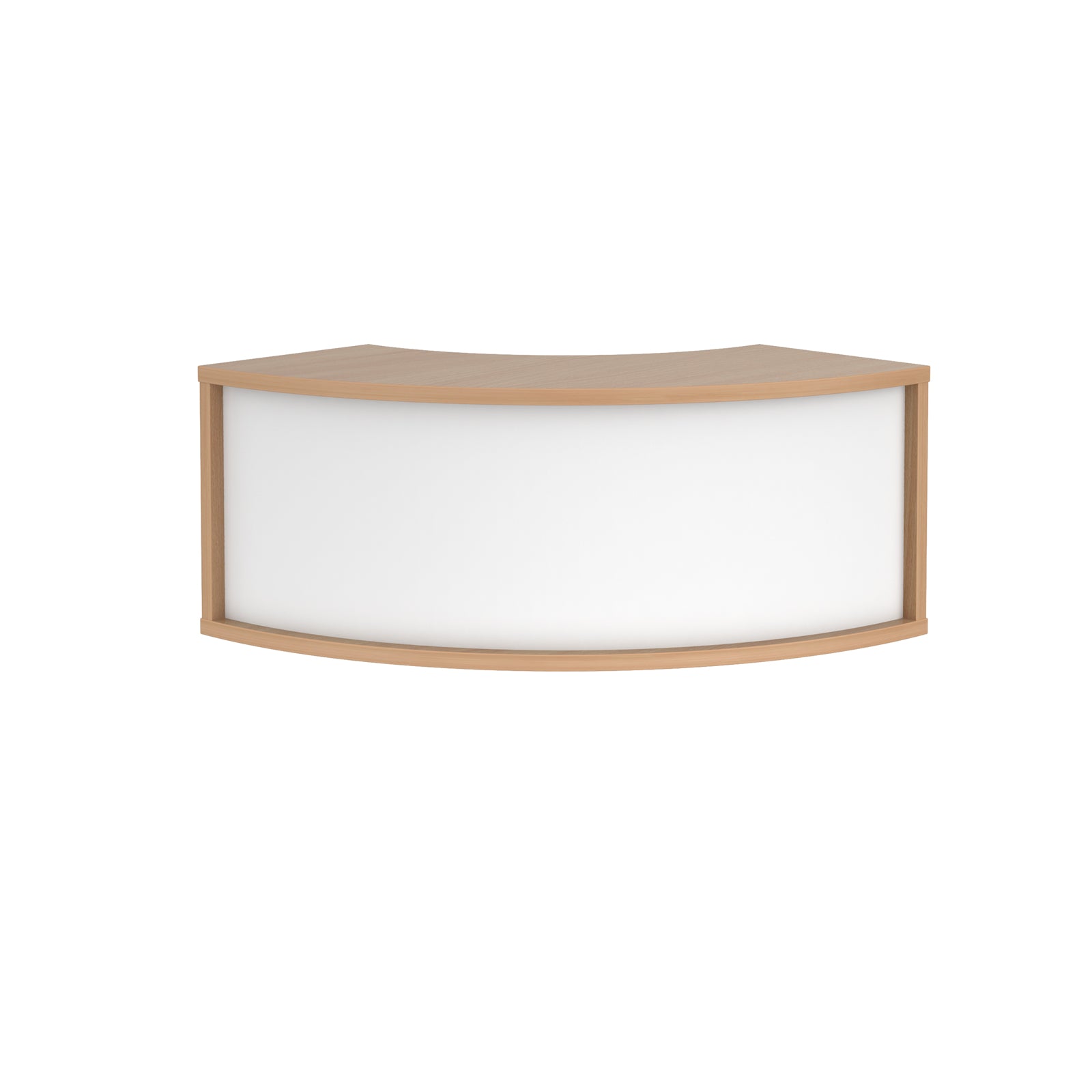 Curved reception desk with a light wood-effect frame, white front panel, and gently contoured worktop, shown on a white background.