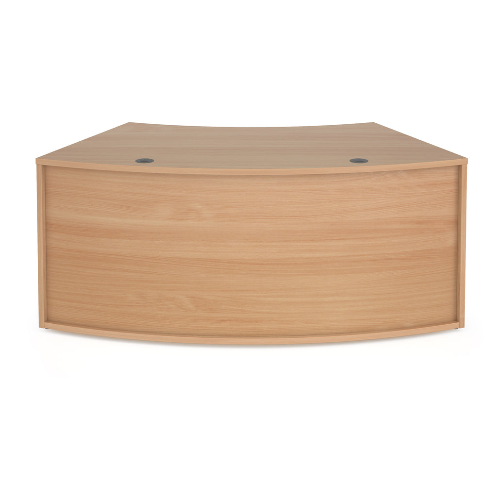 Curved reception desk with a light wood-effect frame, front panel, and gently contoured worktop, shown on a white background.