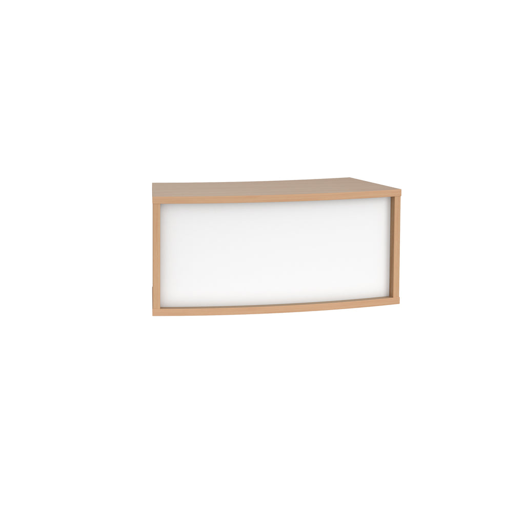 Office reception desk with a light wood-effect carcass and white front panel, with twin cable access ports, shown on a white background.