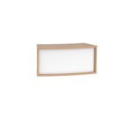 Office reception desk with a light wood-effect carcass and white front panel, with twin cable access ports, shown on a white background.