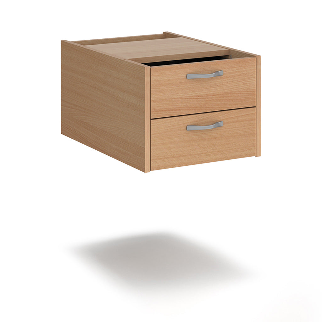 Wooden two-drawer desk pedestal with silver handles, shown against a white background. Suitable for office desk storage and organisation.