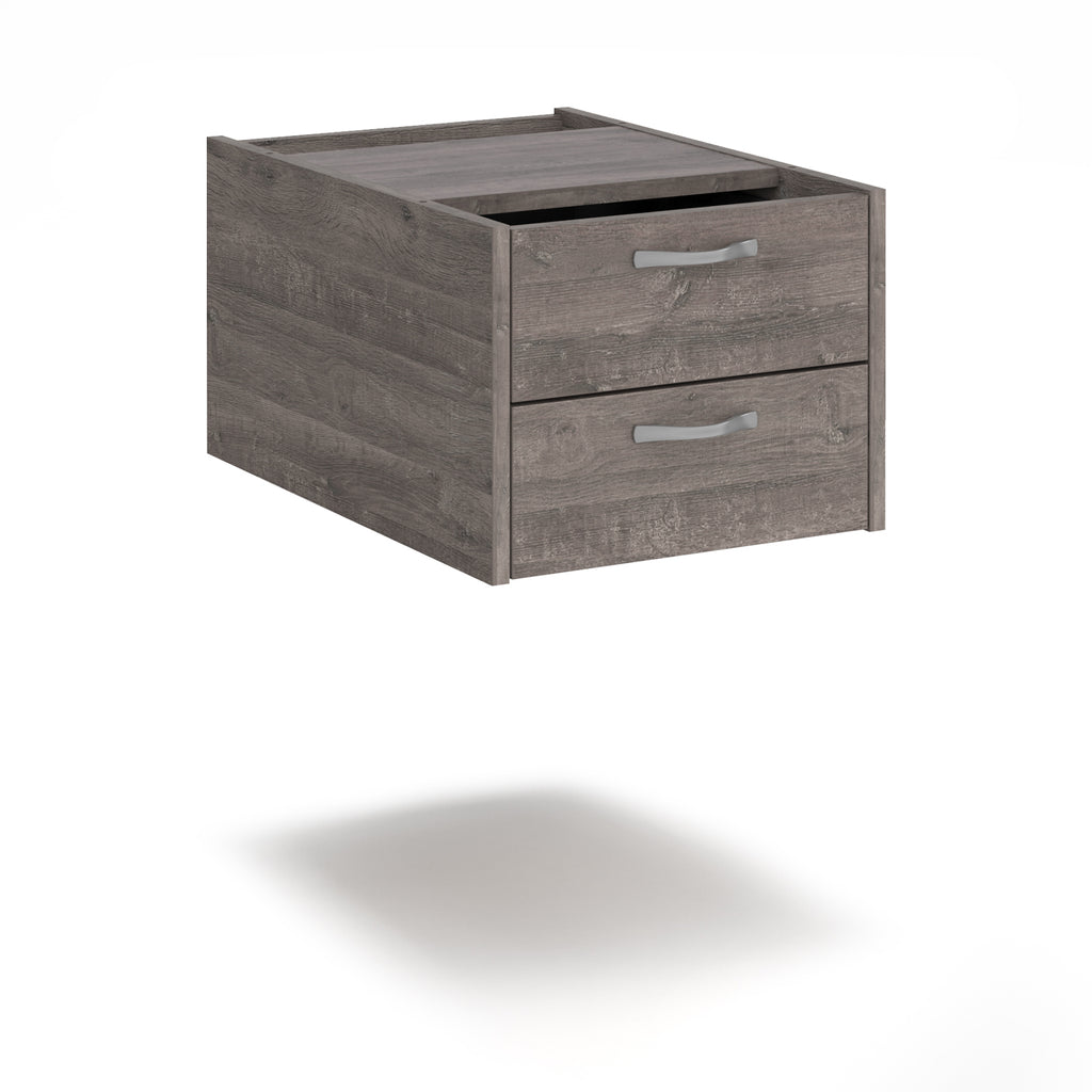 Wooden two-drawer desk pedestal with silver handles, shown against a white background. Suitable for office desk storage and organisation.