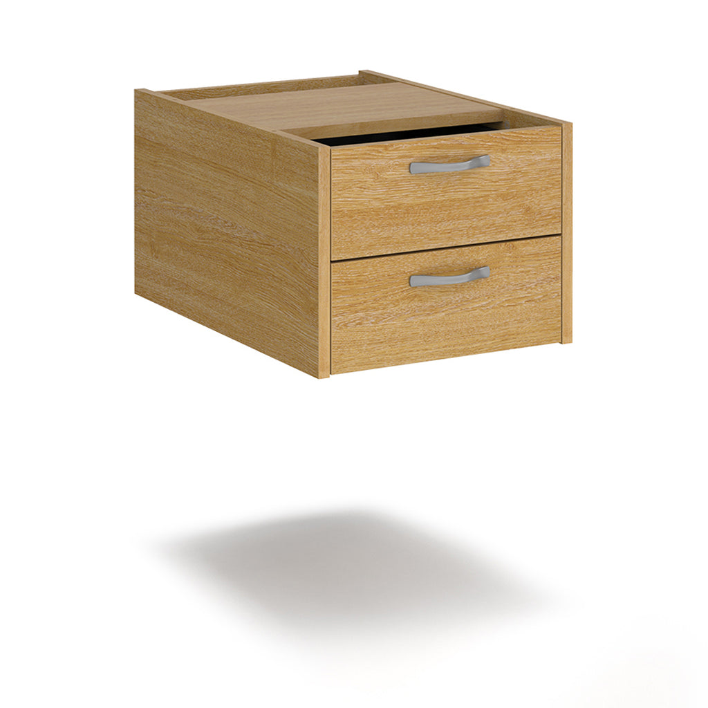 Wooden two-drawer desk pedestal with silver handles, shown against a white background. Suitable for office desk storage and organisation.