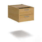 Wooden two-drawer desk pedestal with silver handles, shown against a white background. Suitable for office desk storage and organisation.