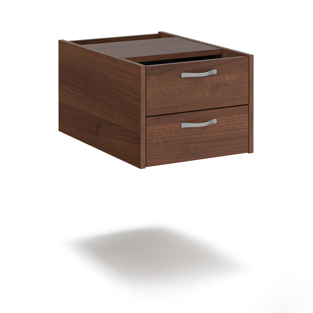 Wooden two-drawer desk pedestal with silver handles, shown against a white background. Suitable for office desk storage and organisation.