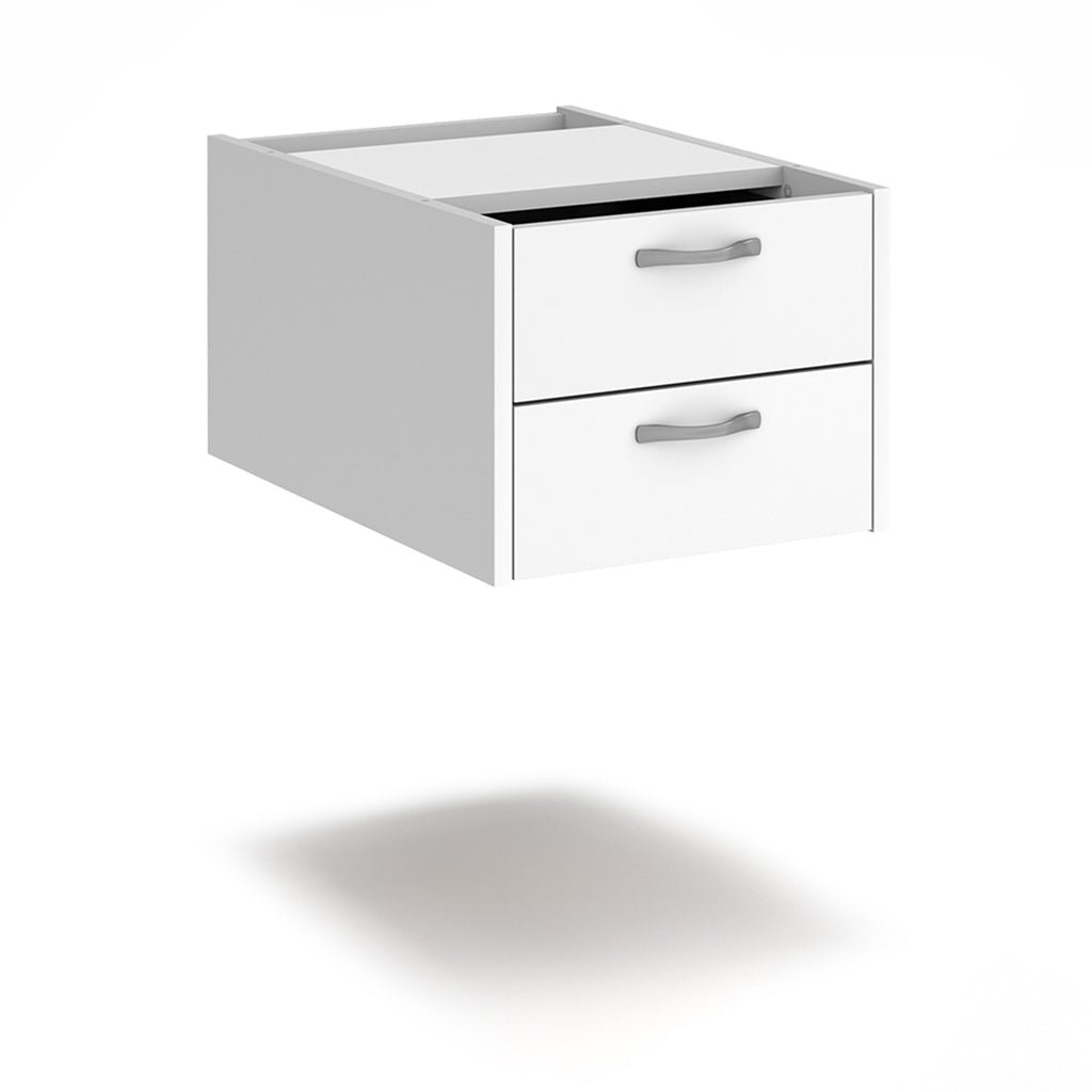 Wooden two-drawer desk pedestal with silver handles, shown against a white background. Suitable for office desk storage and organisation.
