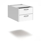 Wooden two-drawer desk pedestal with silver handles, shown against a white background. Suitable for office desk storage and organisation.