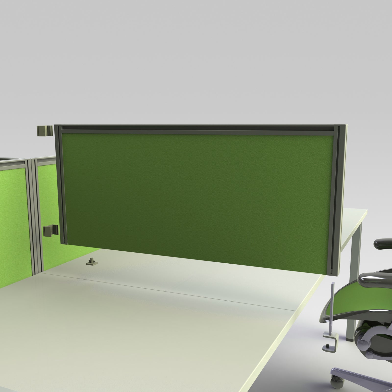Green office partition with a desk and chair on a white background