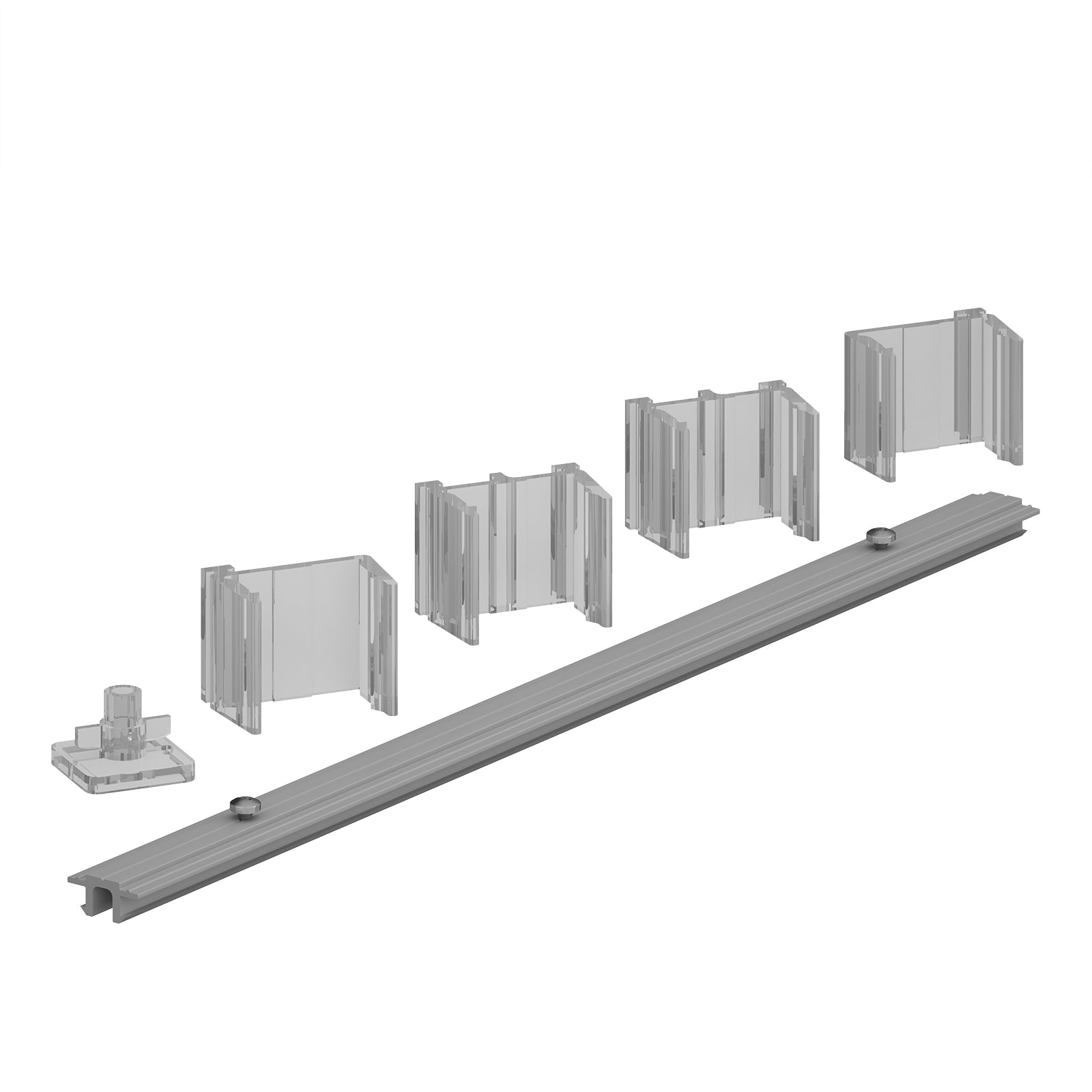Set of metal components including a long strip and various small parts on a white background