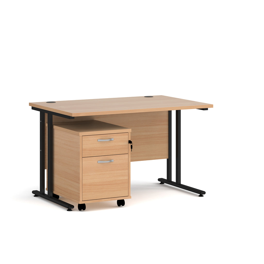 Wooden office desk with a black frame and two drawers on a white background