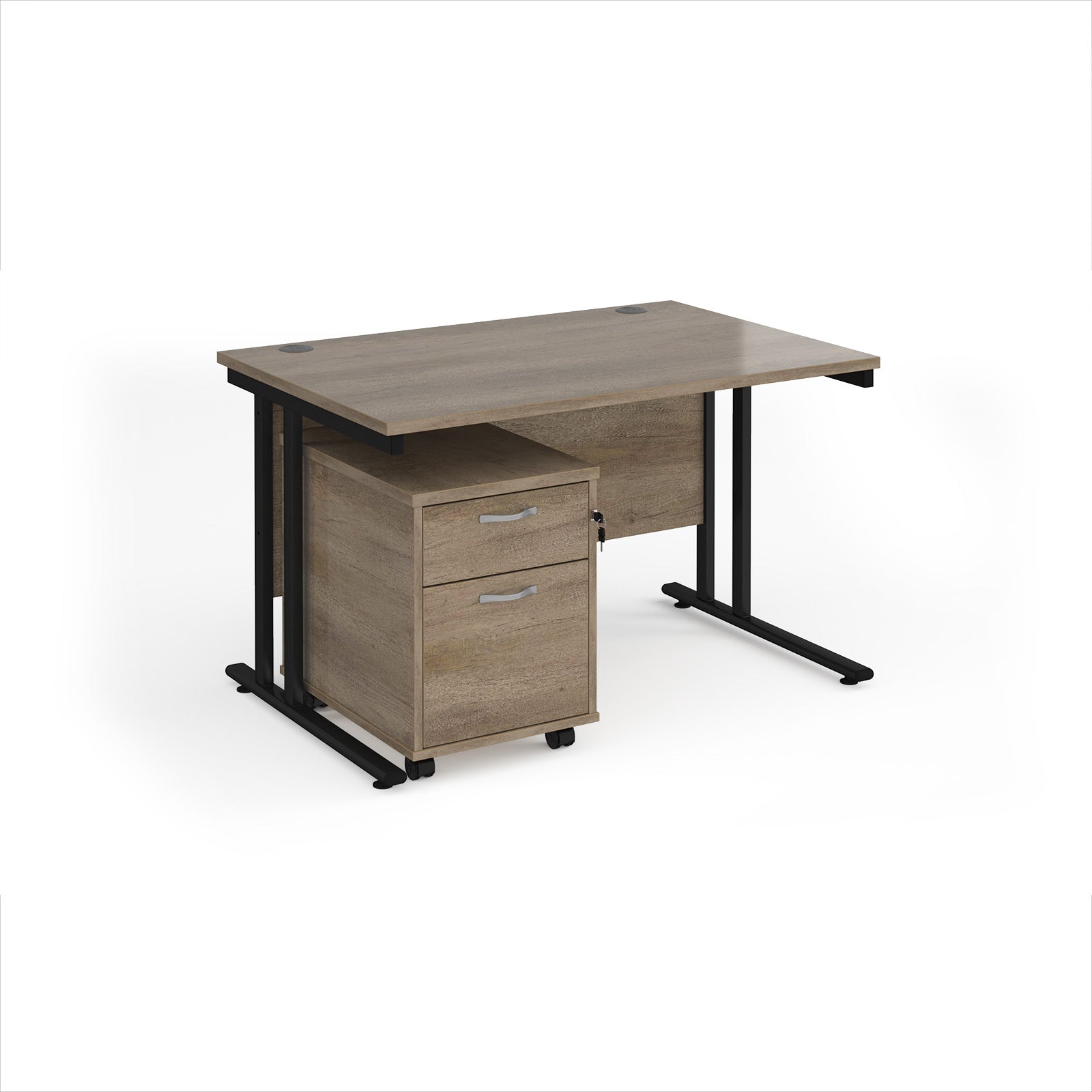 Wooden desk with black legs and a matching pedestal on a white background