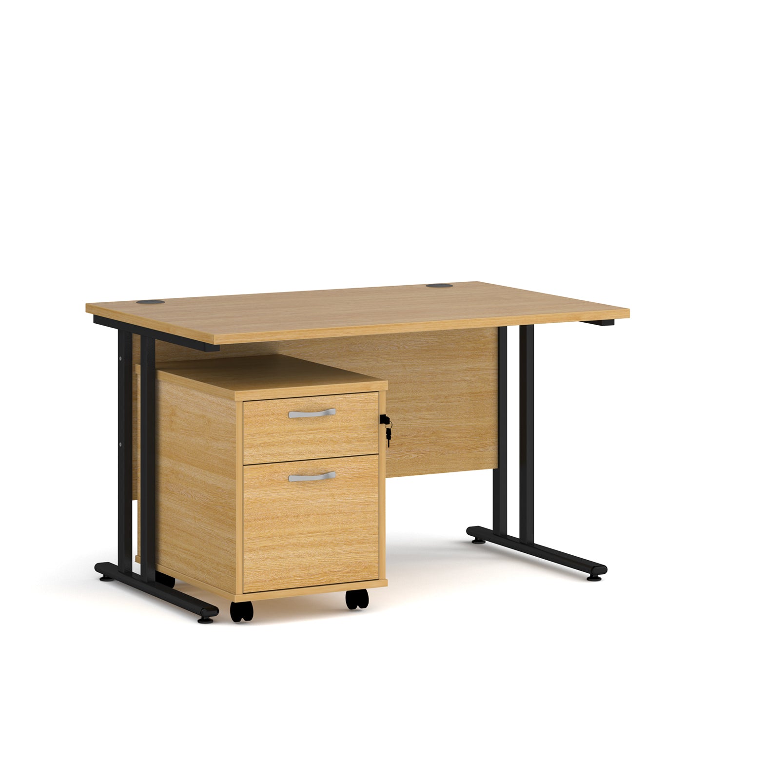 Wooden desk with black metal legs and a matching pedestal on a white background