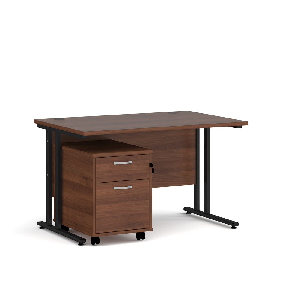 Wooden desk with a black metal frame on a white background