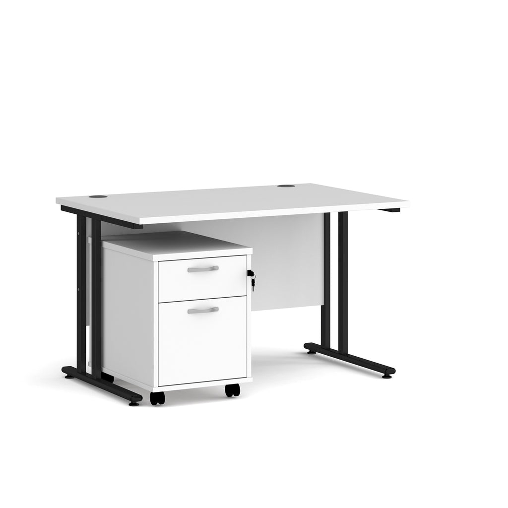 White office desk with black legs and a white pedestal on a white background