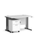 White office desk with black legs and a white pedestal on a white background