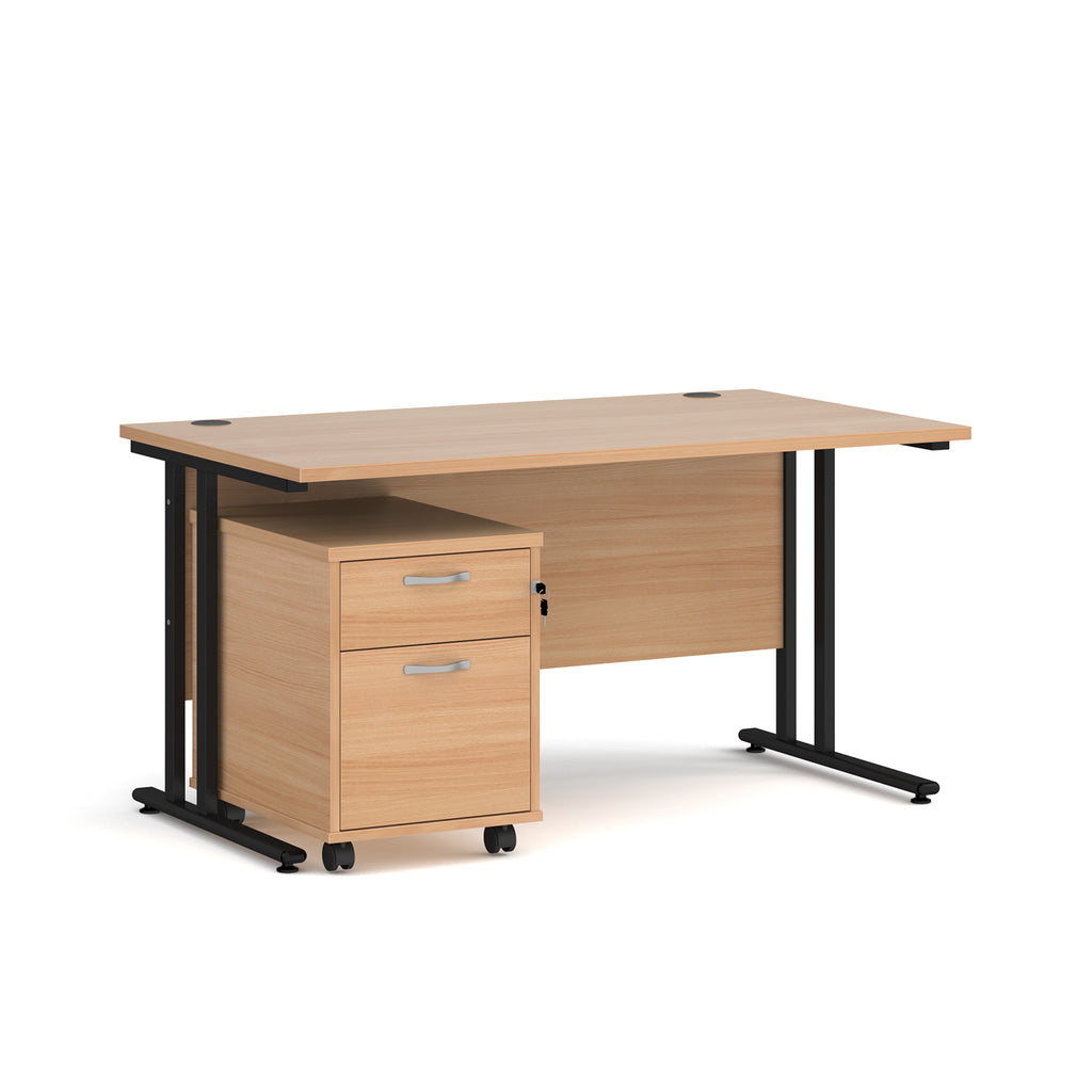 Wooden office desk with a black frame on a white background