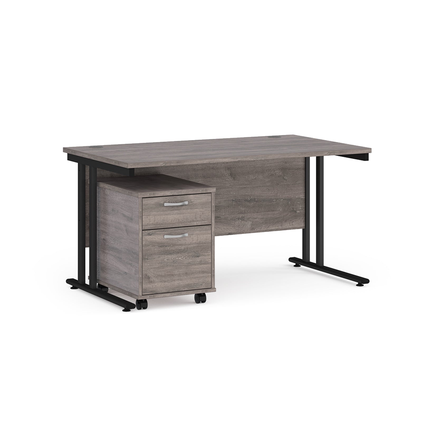 Grey office desk with black legs on a white background