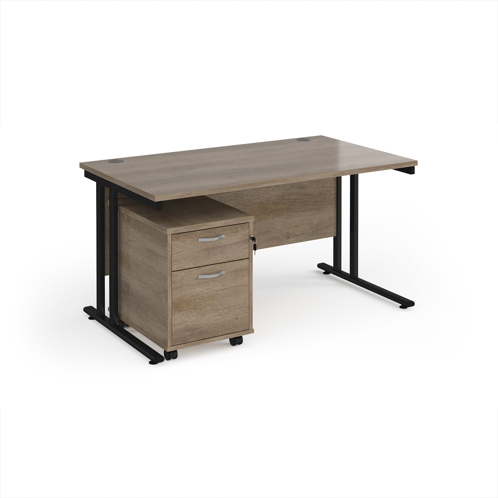 Wooden office desk with black metal legs on a white background