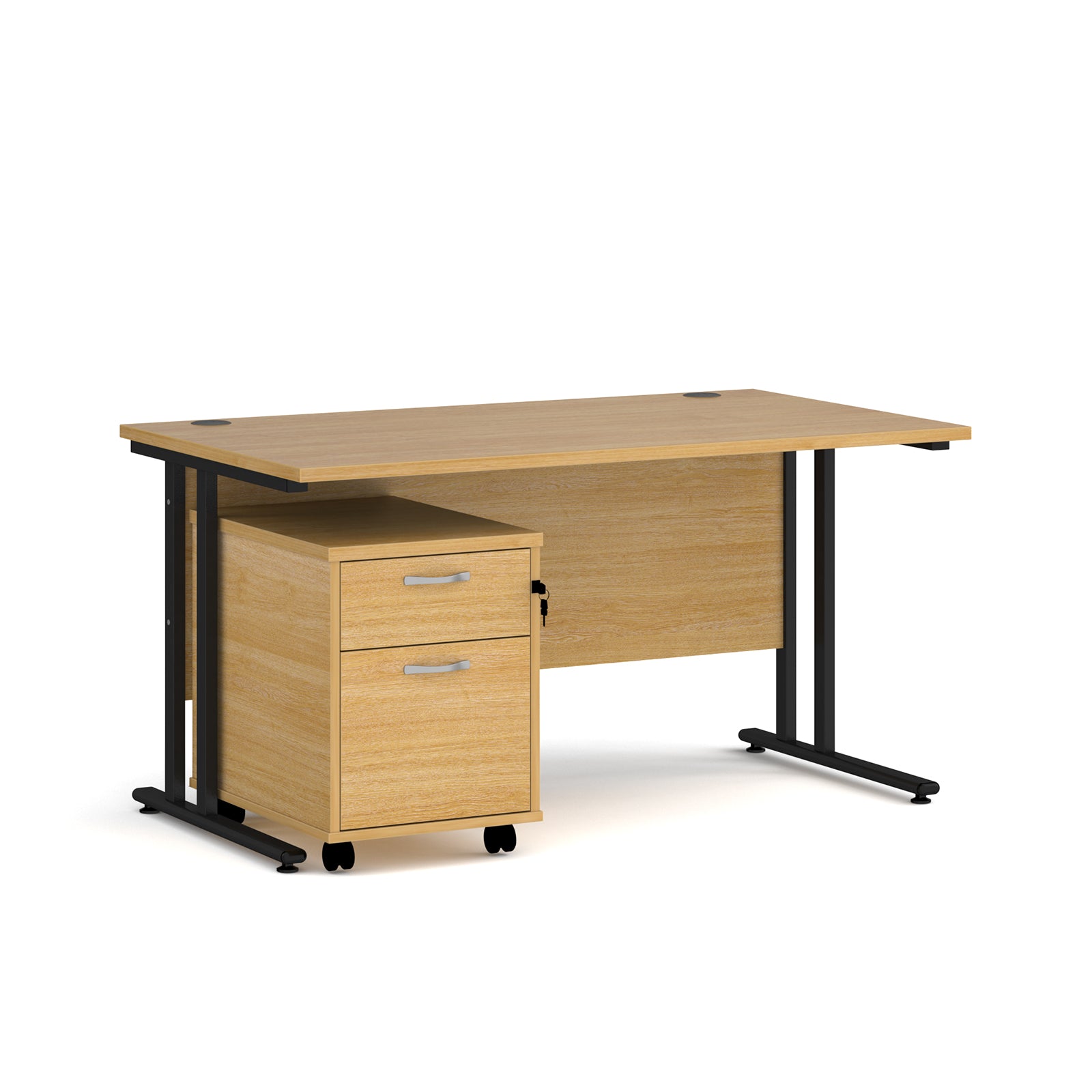 Wooden office desk with black legs and a matching pedestal on a white background