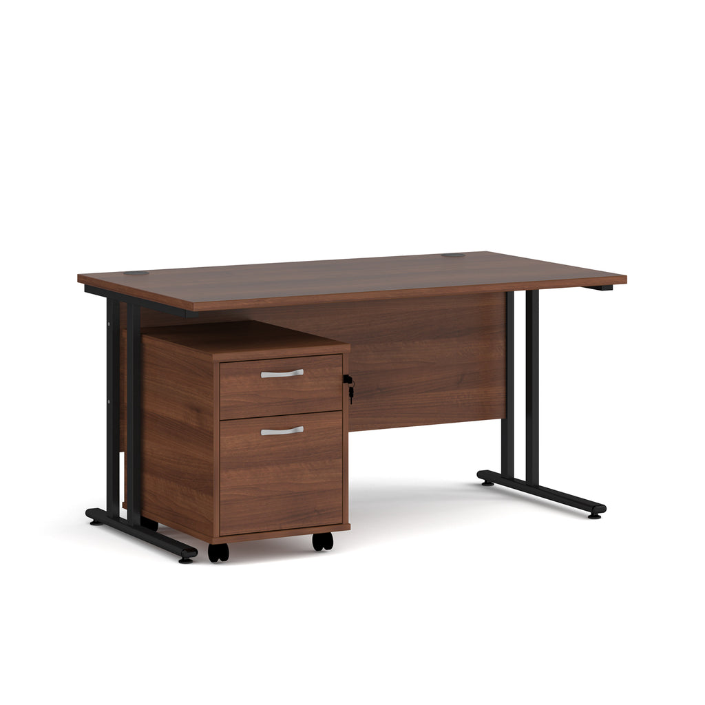 Wooden desk with a matching pedestal on a white background