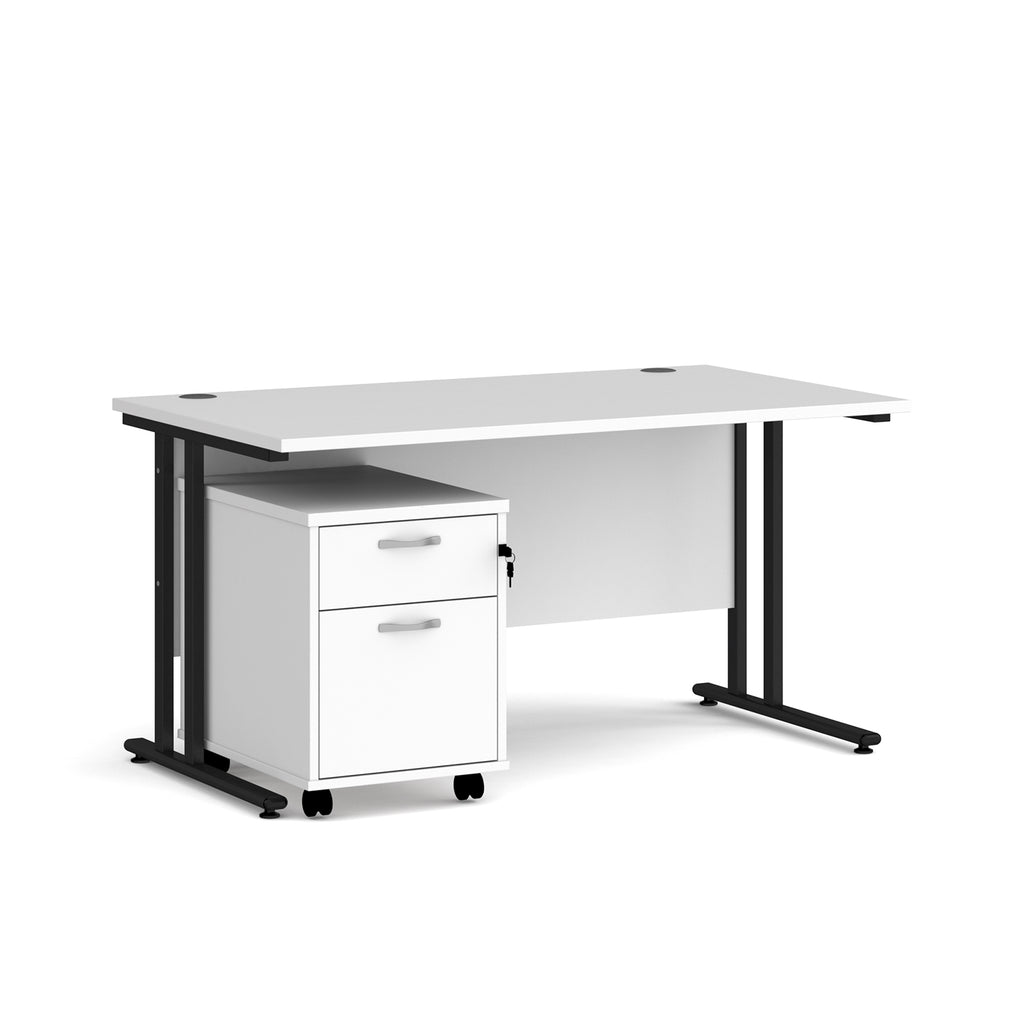 White office desk with black legs and a white pedestal on a white background
