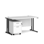 White office desk with black legs and a white pedestal on a white background