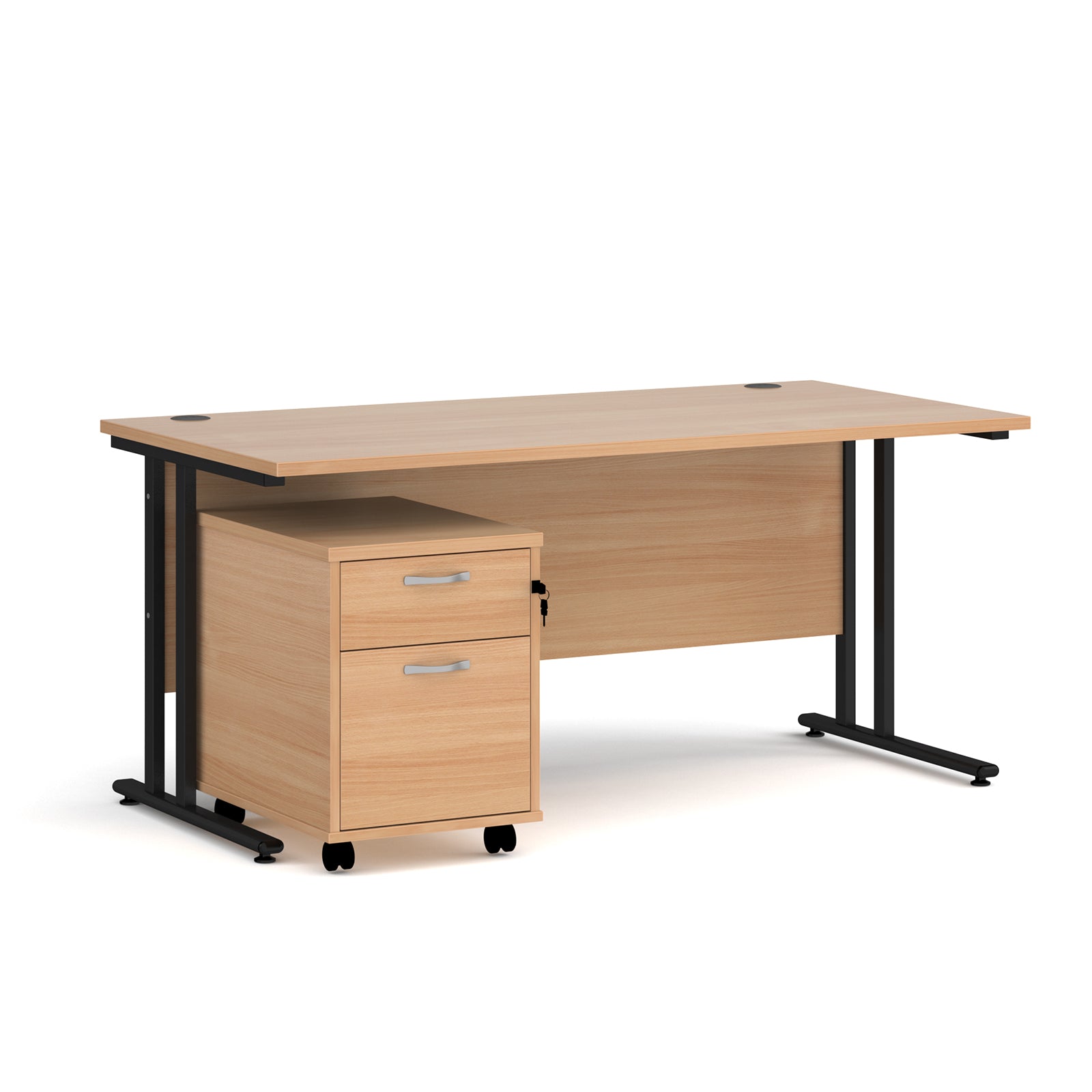 Wooden office desk with a black frame and a matching pedestal on a white background