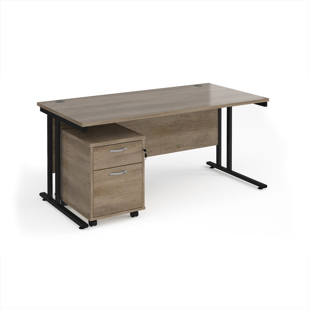 Wooden office desk with black legs and a matching pedestal on a white background