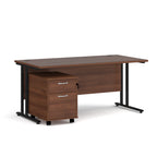 Wooden office desk with a metal frame and a matching pedestal on a white background