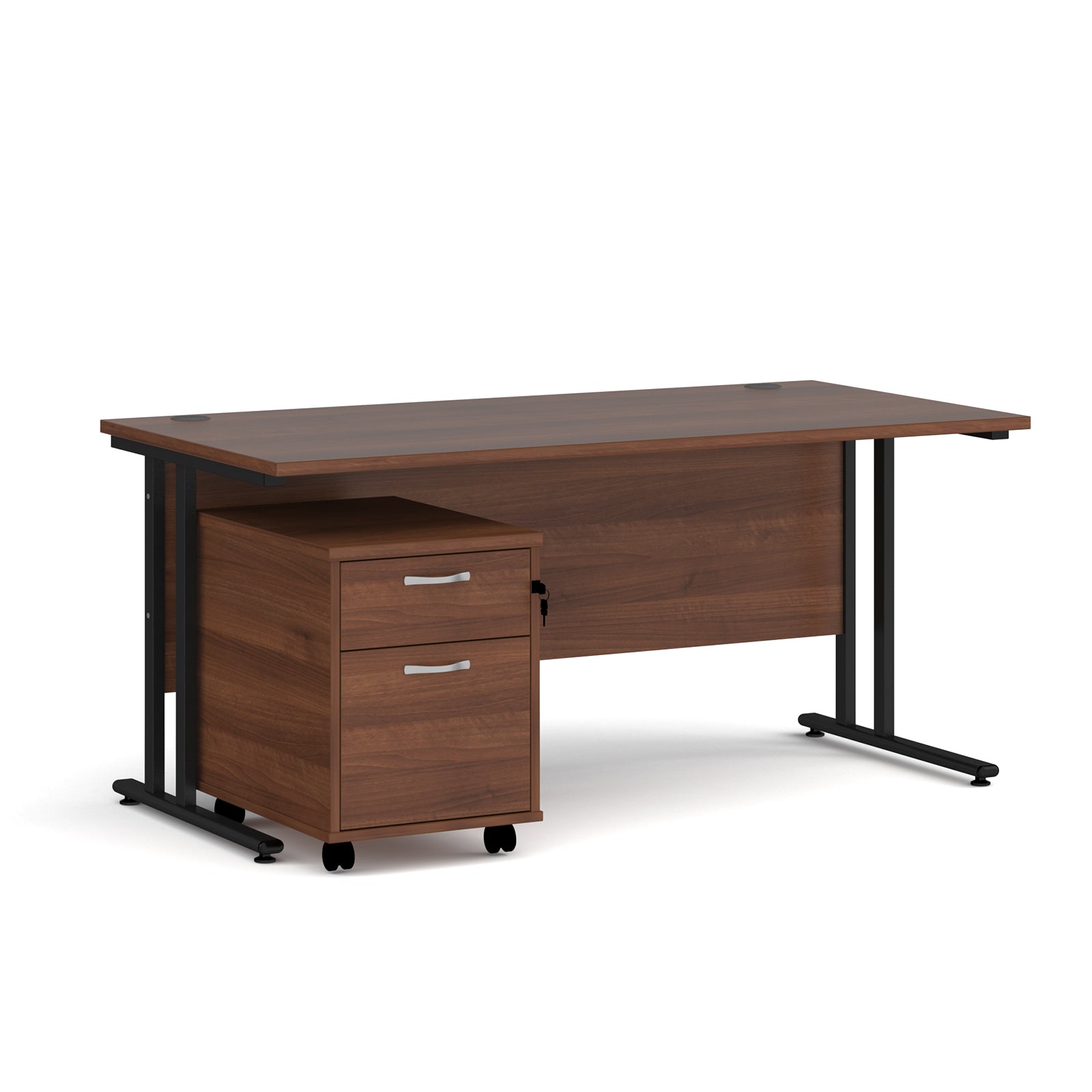 Wooden office desk with a metal frame and a matching pedestal on a white background