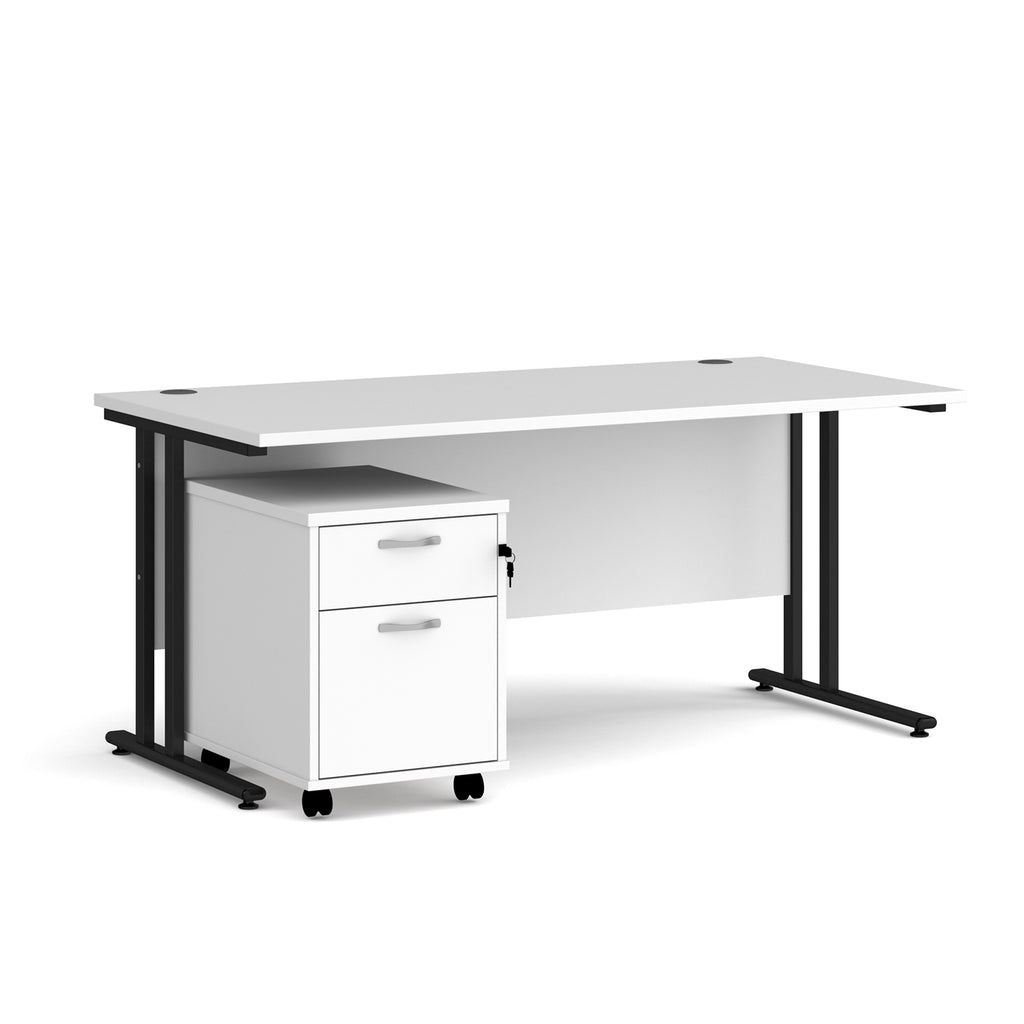 White office desk with black legs and a white pedestal on a white background