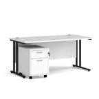 White office desk with black legs and a white pedestal on a white background