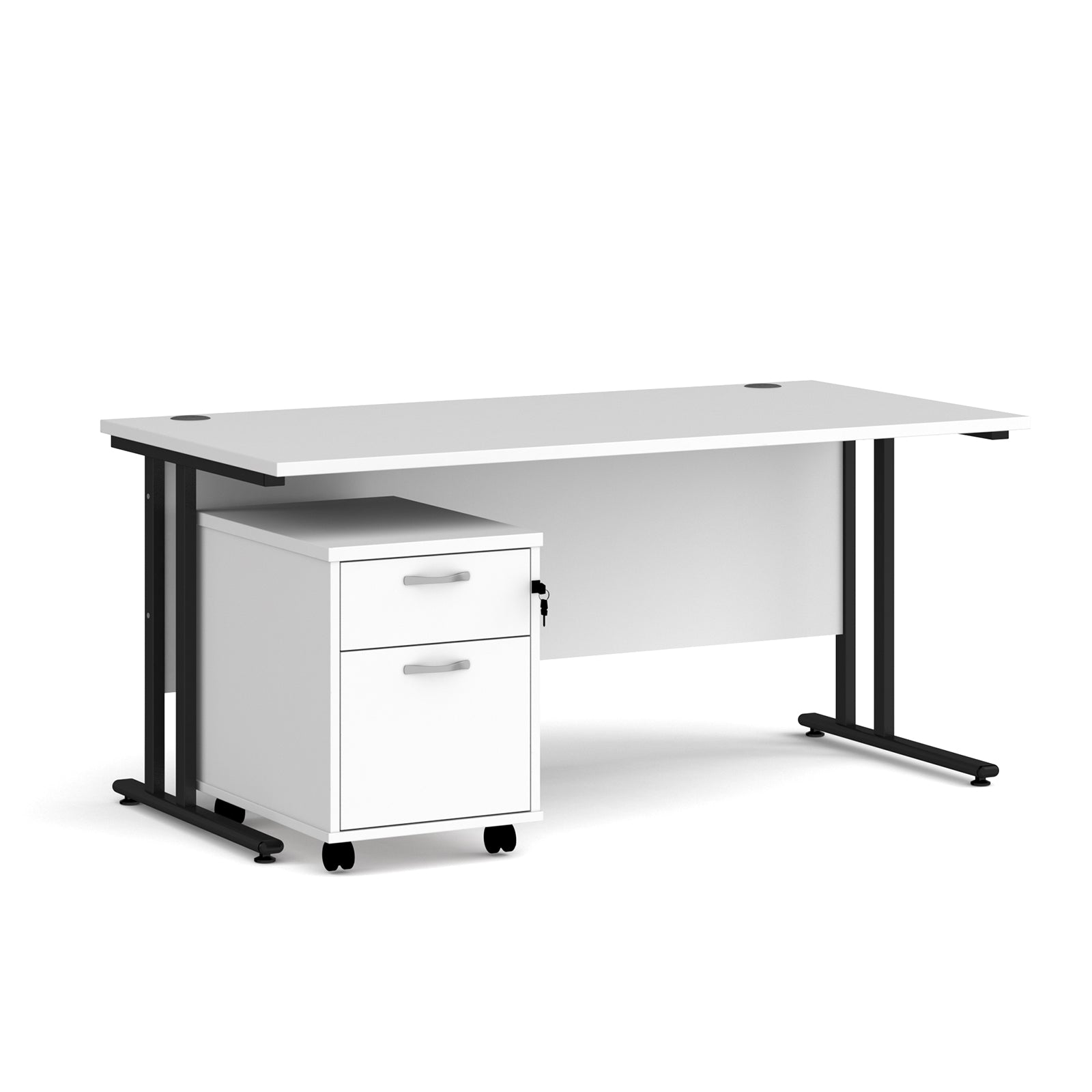 White office desk with black legs and a white pedestal on a white background