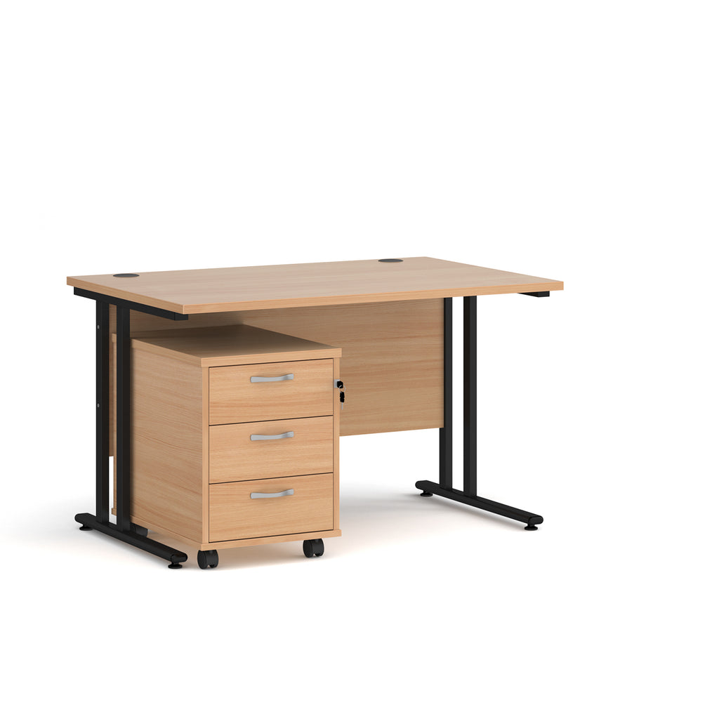 Wooden office desk with black legs on a white background