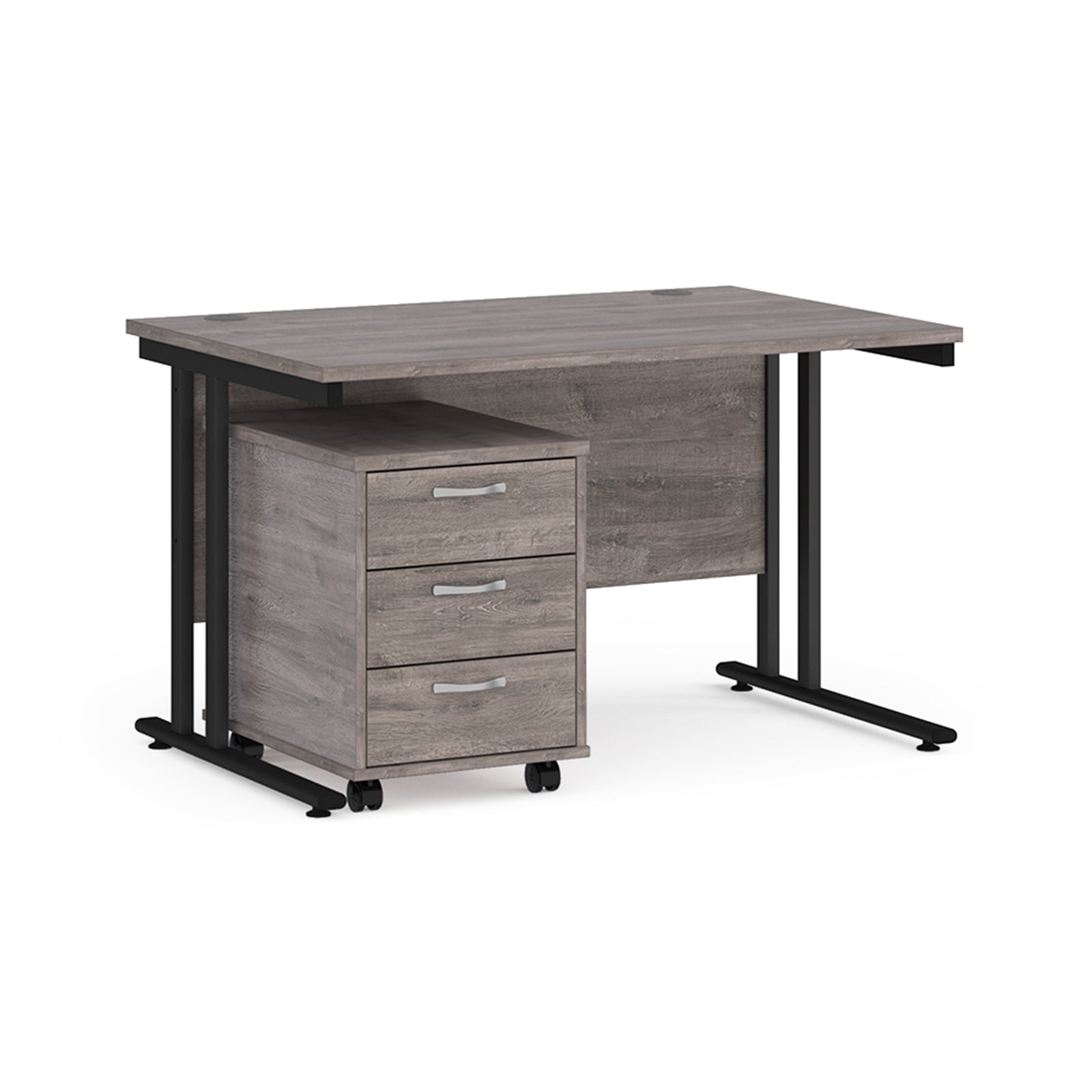 Wooden desk with black metal legs on a white background
