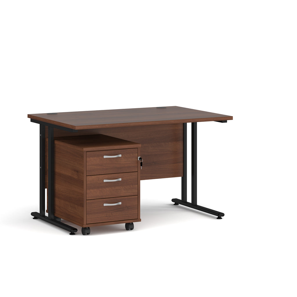 Wooden desk with black legs and a matching pedestal on a white background
