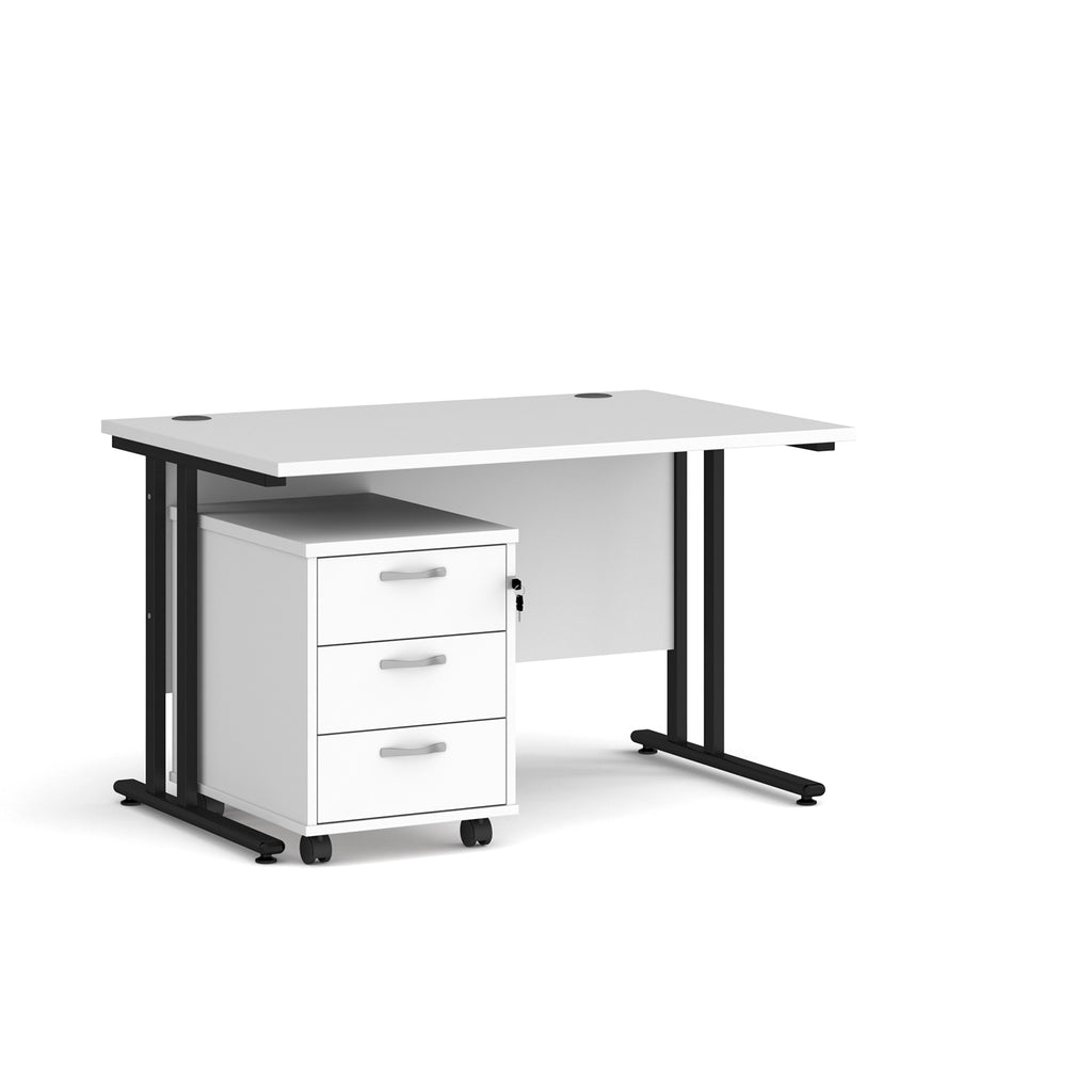 White office desk with black legs and a white pedestal cabinet on a white background