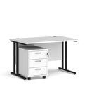 White office desk with black legs and a white pedestal cabinet on a white background