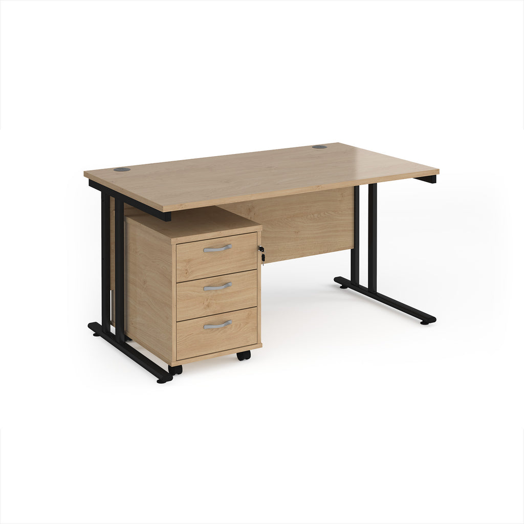 Wooden office desk with black legs on a white background