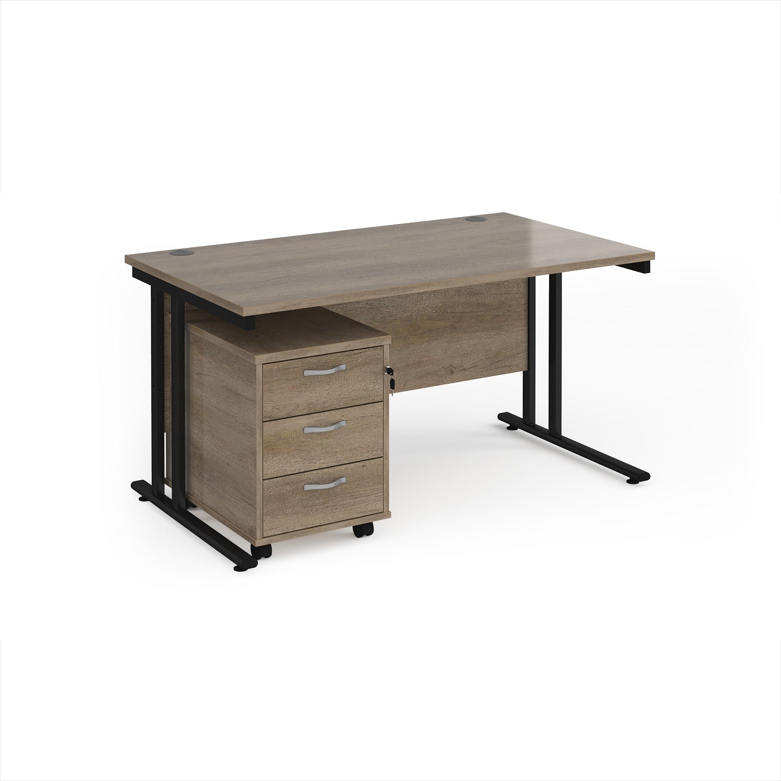 Wooden office desk with black metal legs on a white background